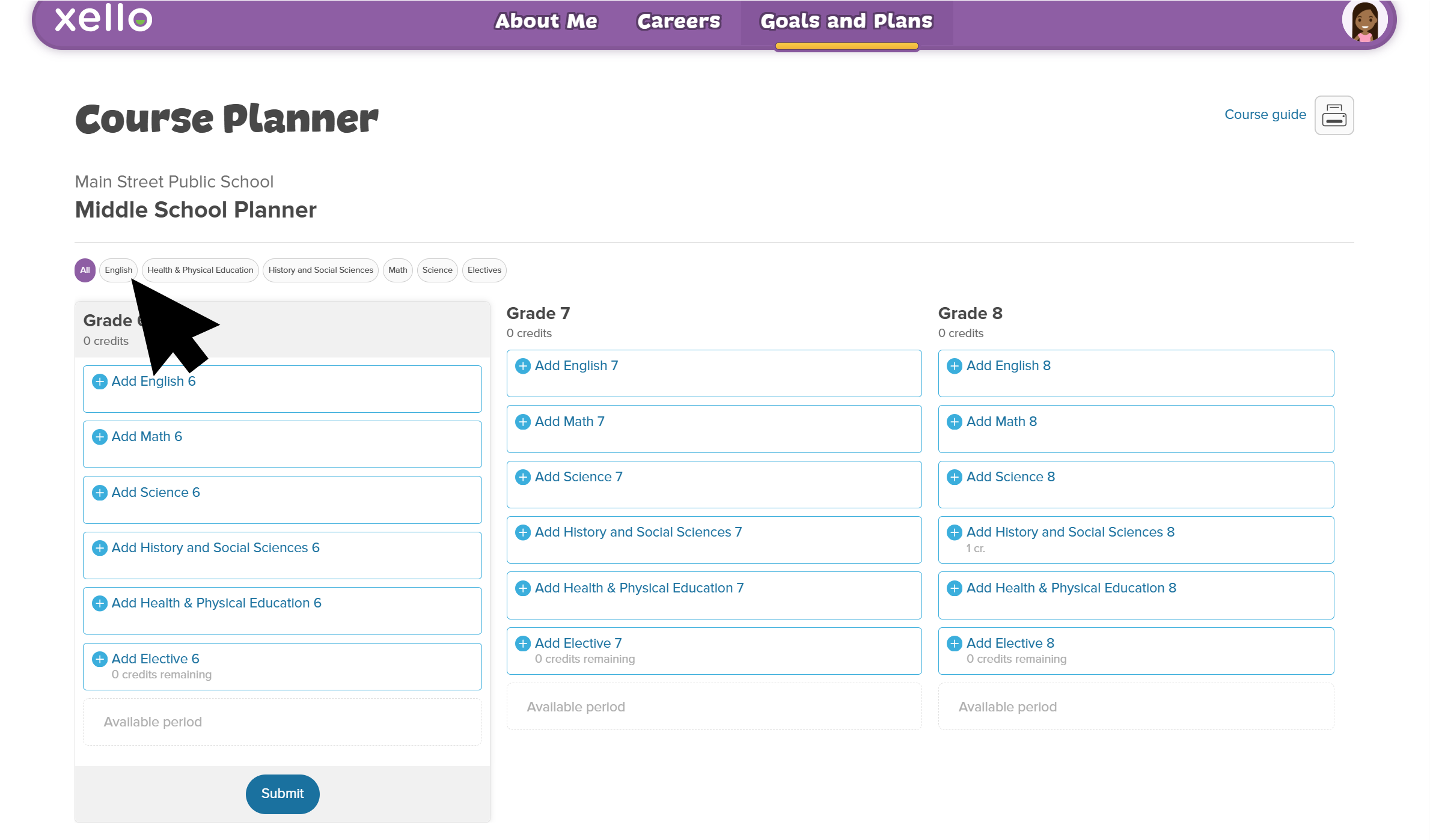 A middle school student course planner. The dropdown menu called "Requirements" is open showing different subjects.